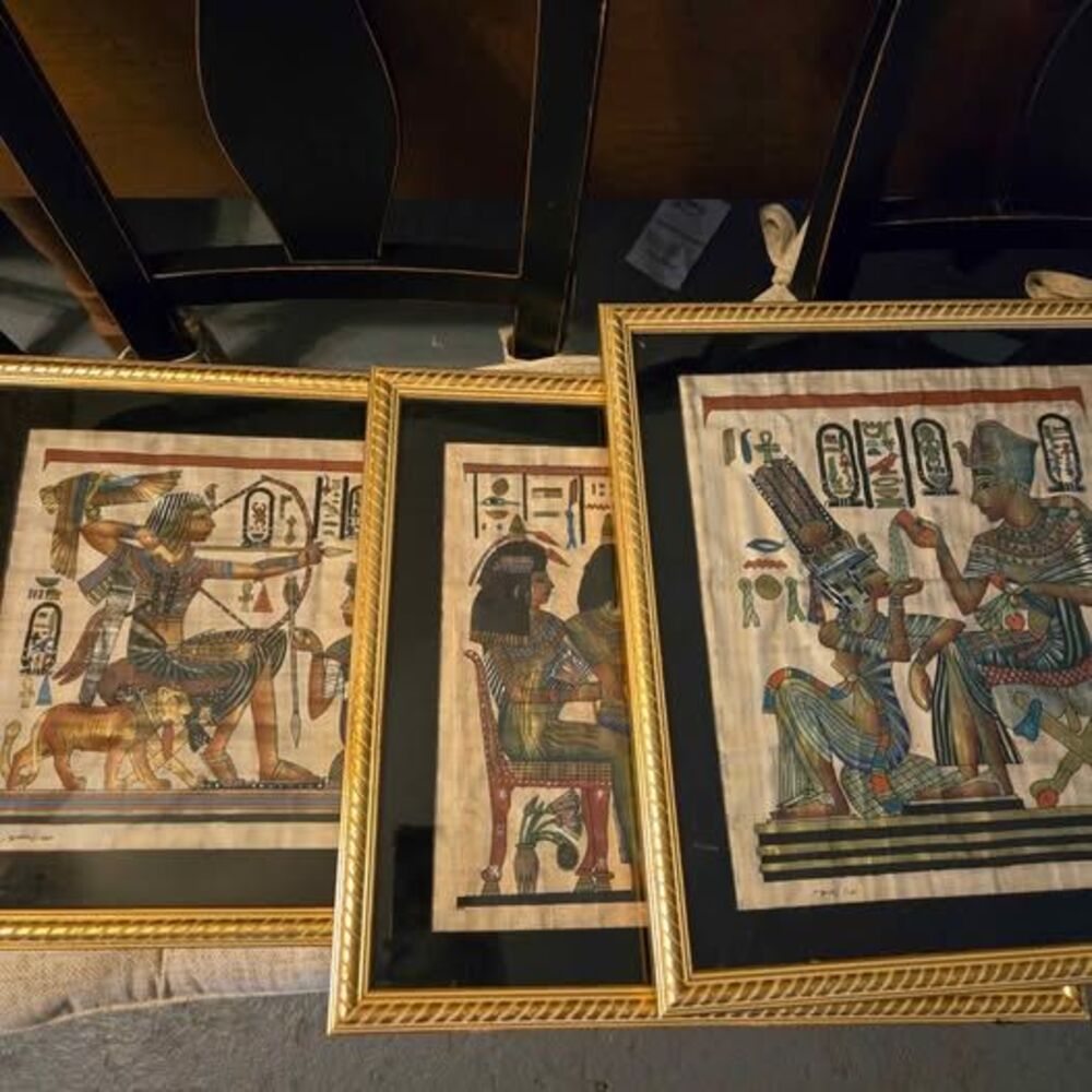 (3) Vtg Framed Painted Papyrus Art by Egyptian Artist Adel Ghabour